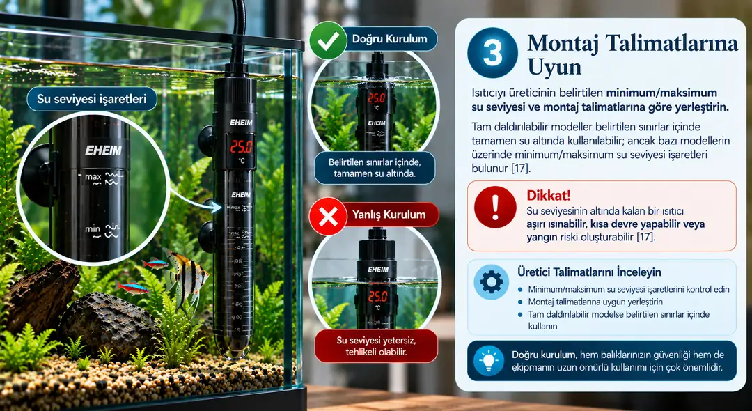 Akvaryum ısıtıcısının minimum ve maksimum su seviyesi işaretlerine uygun şekilde doğru montajını ve hatalı su seviyesi nedeniyle oluşabilecek riskleri gösteren görsel.