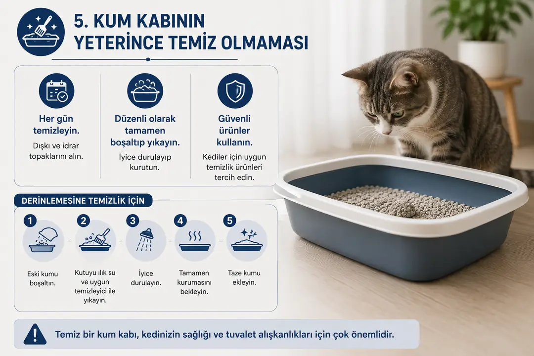 Kediler temizliğe karşı oldukça hassastır ve kirli bir kum kabını kullanmaktan kaçınabilir. Dışkı ve idrar topaklarının günlük olarak temizlenmesi, kumun düzenli yenilenmesi ve kabın kediler için güvenli ürünlerle yıkanıp iyice durulanması, sağlıklı tuvalet alışkanlığının korunmasına yardımcı olur.