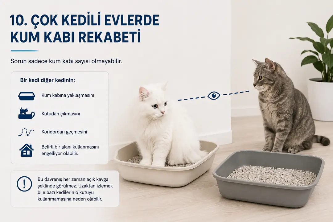 Çok kedili evlerde bir kedinin kum kabını veya geçiş alanını kontrol etmesi, diğer kedinin tuvalet kabını kullanmaktan kaçınmasına neden olabilir. Bu durum her zaman kavga şeklinde görülmez; kum kabı yakınında bekleme, yolu kesme veya diğer kediyi sürekli izleme gibi daha sessiz davranışlarla da ortaya çıkabilir.