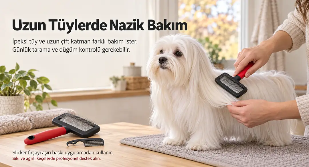 &nbsp; Uzun tüylü ırklar birkaç alt gruba ayrılır. İpek tüy (Yorkshire Terrier, Maltese gibi) daha az alt tüye sahiptir; ancak uzun ipeksi tüyler de yoğun günlük bakım gerektirebilir