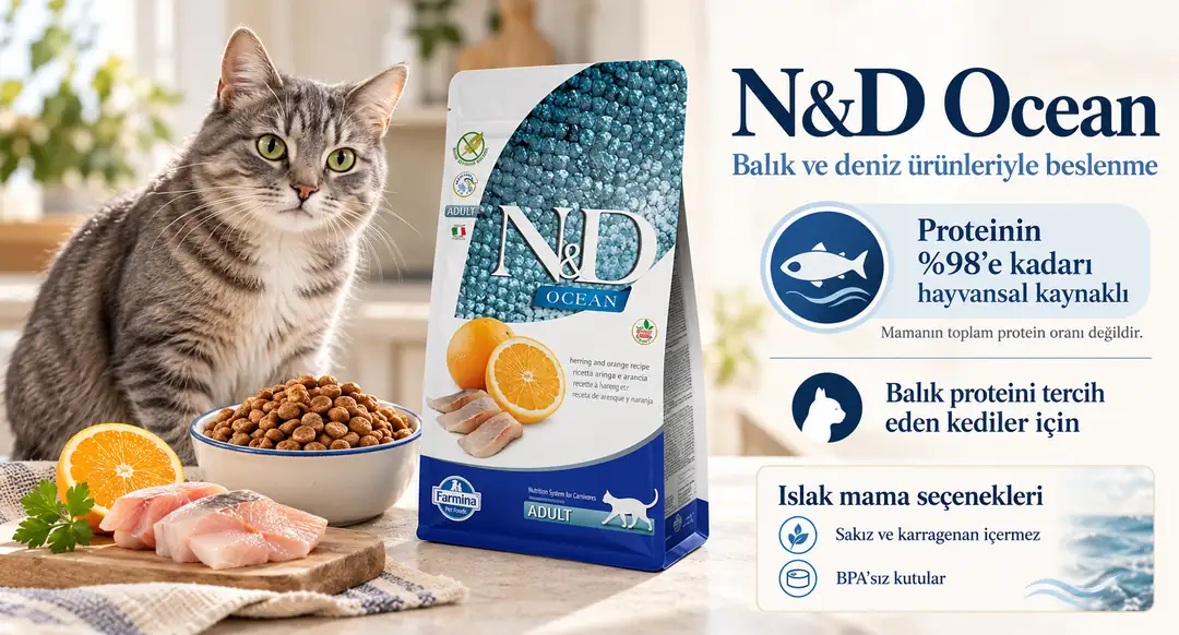 N&D Ocean, balık ve deniz ürünlerini merkeze alan tahılsız N&D serisidir