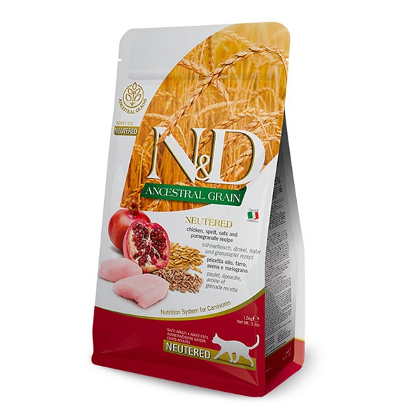 ND Düşük Tahıllı Tavuk Etli ve Narlı Kısırlaştırılmış Yetişkin Kedi Maması 1,5 Kg