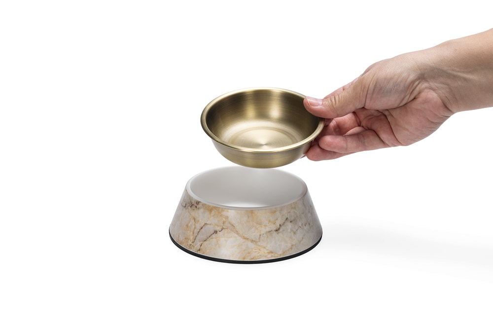 Beeztees DBL Köpek Mama Su Kabı, Mat Altın Rengi Paslanmaz Çelik, Bej Mermer Görünümlü, 14cm, 160ml