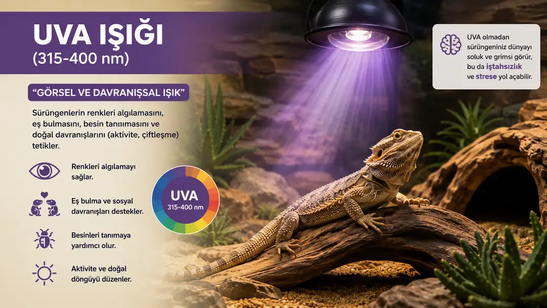 UVA ışığı, sürüngenlerin çevrelerindeki renkleri ve besinleri algılamasına yardımcı olurken aktivite, beslenme ve doğal davranışların sürdürülmesinde önemli rol oynar. 315–400 nm dalga boyu aralığındaki UVA ışınları, teraryum ortamında doğal güneş ışığı koşullarının desteklenmesine katkı sağlar.