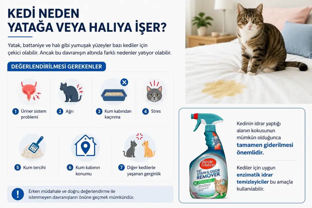 Kedinizin yatağa veya halıya idrar yapması; üriner sistem sorunları, ağrı, stres veya kum kabıyla ilgili problemlerden kaynaklanabilir. İdrar yapılan yüzeyde kalan koku davranışın tekrarlanmasını tetikleyebileceğinden, bölgenin kokuyu parçalamaya yardımcı olan kediler için uygun enzimatik temizleyicilerle temizlenmesi önemlidir.