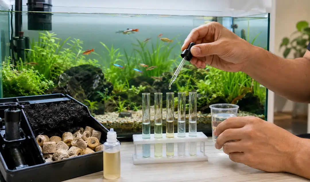 Akvaryumdaki biyolojik dengenin su test tüpleri ve damlalı test kitiyle kontrol edilmesi; olgun filtre malzemeleri ve sıvı bakteri kültürüyle azot döngüsünün desteklenmesi.