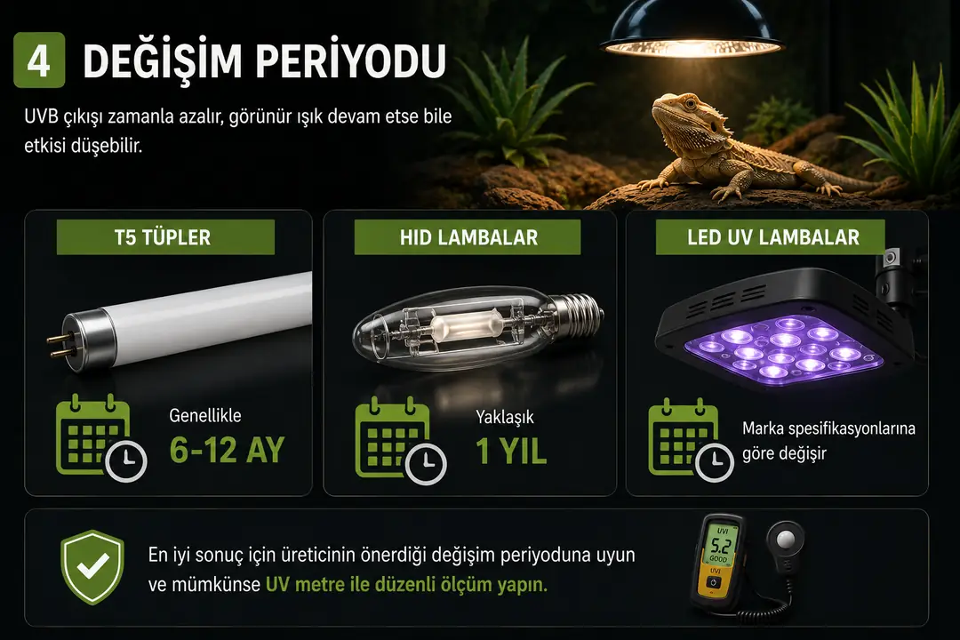 UVB lambaları görünür şekilde yanmaya devam etse bile UVB çıkışları zamanla azalabilir. T5 tüpler genellikle 6–12 ay, HID lambalar yaklaşık 1 yıl kullanım sonrasında kontrol edilmelidir; LED UV sistemlerinde ise değişim süresi ürün ve üreticiye göre farklılık gösterebilir. En doğru yaklaşım, üreticinin önerdiği değişim periyodunu takip etmek ve mümkünse UV metre ile UVI seviyesini düzenli olarak ölçmektir.