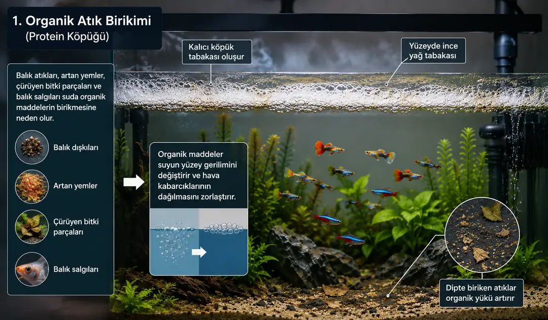 Akvaryumda organik atık birikimi nedeniyle oluşan protein köpüğü. Su yüzeyinde kalıcı köpük ve ince yağ tabakası bulunan bitkili tatlı su akvaryumunda balık atıkları, artan yemler ve çürüyen bitki kalıntılarının neden olduğu su kirliliği.