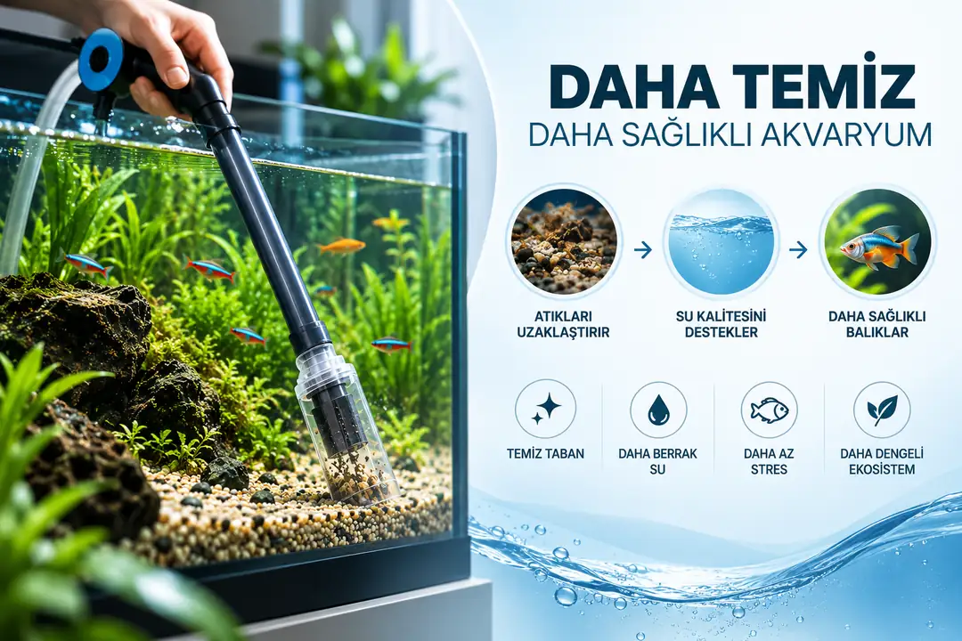 Akvaryum dip sifonu, tabanda biriken yem artıkları ve organik atıkların uzaklaştırılmasına yardımcı olarak daha temiz bir taban, daha iyi su kalitesi ve dengeli bir akvaryum ortamının korunmasını destekler.