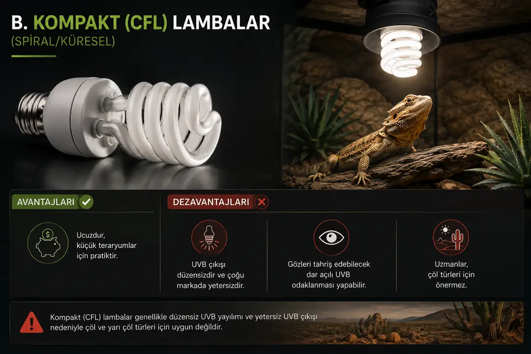 Kompakt (CFL) UVA/UVB lambalar, küçük teraryumlarda pratik bir aydınlatma seçeneği olsa da UVB ışığını daha sınırlı bir alana yayabilir. Bu nedenle özellikle yüksek UVB ihtiyacı olan sürüngenlerde, lambanın UVB çıkışı, kullanım mesafesi ve türün ihtiyaç duyduğu UVI seviyesi dikkate alınmalı; gerekli durumlarda daha geniş ve dengeli UVB dağılımı sağlayan sistemler tercih edilmelidir.