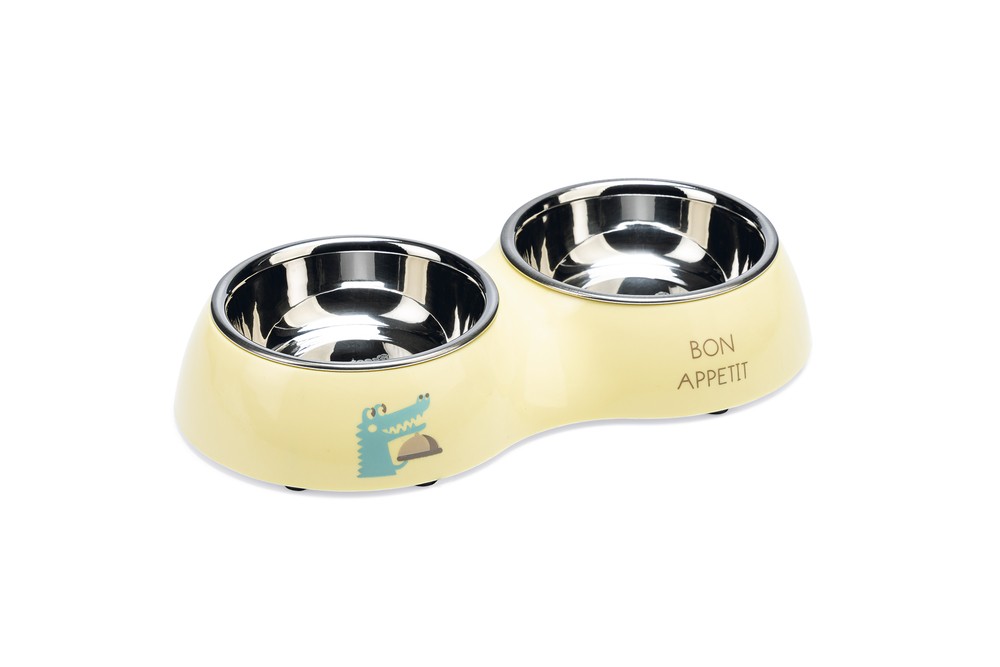 Beeztees Köpek İkili Mama ve Su Kabı, Paslanmaz Çelik, Sarı, 27x14cm, 2x160ml