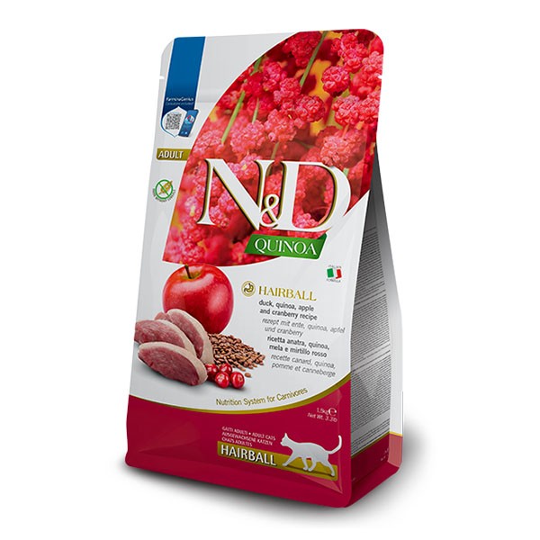 ND Quinoa Hairball Ördekli Elmalı ve Kızılcıklı Tahılsız Yetişkin Kedi Maması 1,5Kg