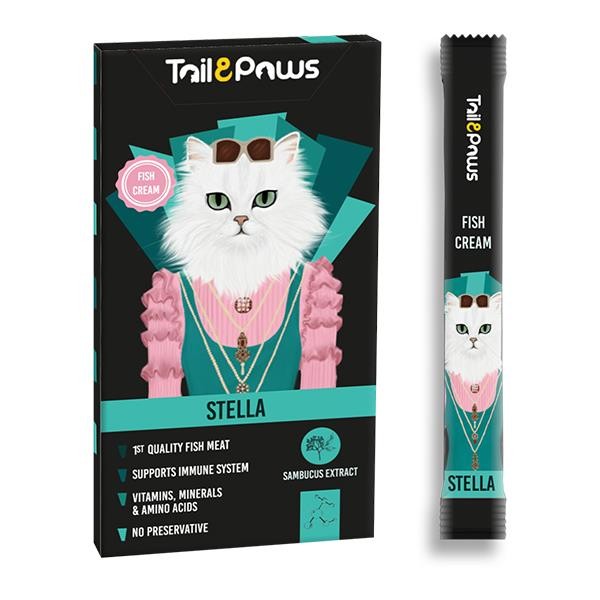 Tail Paws Stella Balıklı ve Multivitaminli Şekersiz Krema Kedi Ödülü 15gr 5li