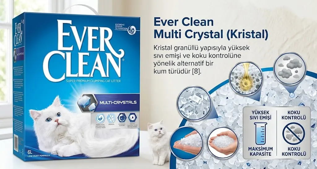 Kristal granüllü yapısıyla yüksek sıvı emişi ve koku kontrolüne yönelik alternatif bir kum türüdür&nbsp;&nbsp;
