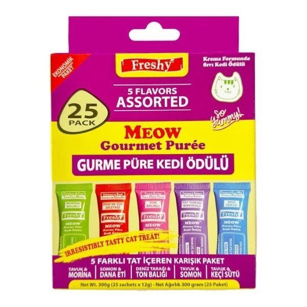 Freshy Meow Gourmet Puree 5 Farklı Lezzette Kremalı Kedi Ödülü 300gr 25 Adet