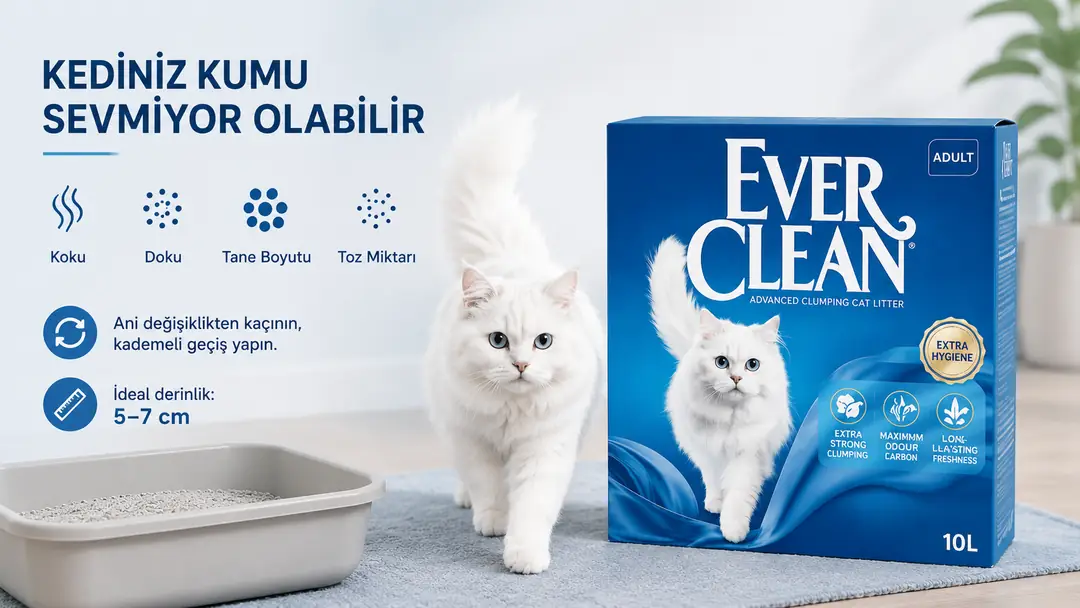 Kediler; kumun kokusu, dokusu, tane büyüklüğü ve toz miktarı konusunda seçici olabilir. Kediniz mevcut kumunu kullanmak istemiyorsa yeni kuma ani geçiş yapmak yerine değişimi kademeli olarak gerçekleştirmek daha uygun olabilir. Kum derinliğini yaklaşık 5–7 cm seviyesinde tutarak kedinizin davranışlarını gözlemlemek, onun için daha konforlu bir kum kabı ortamı oluşturmanıza yardımcı olabilir