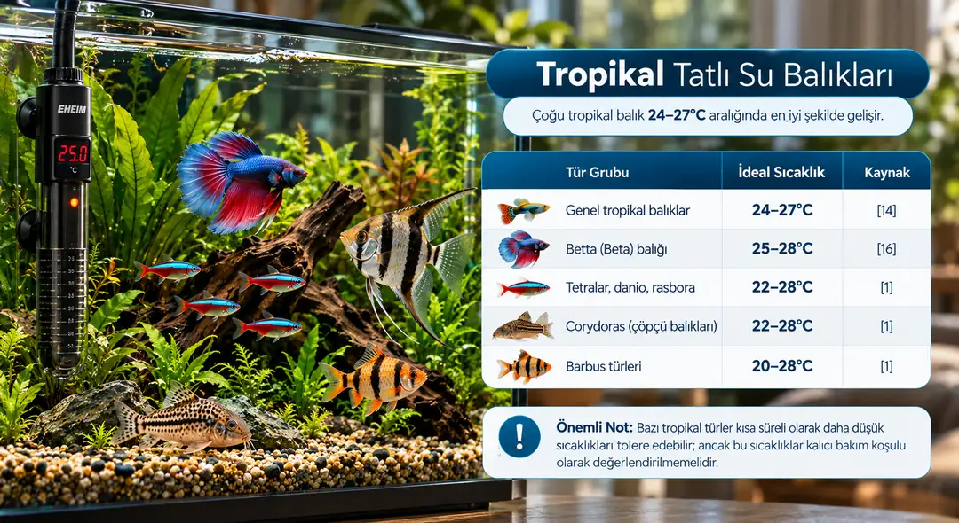 &nbsp; Tropikal balıklar, sıcak su ortamlarına adapte olmuş türlerdir ve ısıtıcı kullanımı genellikle gereklidir [14]. API Fishcare'a göre, çoğu tropikal balık 24-27°C aralığında en iyi şekilde gelişir [14].&nbsp;&nbsp;