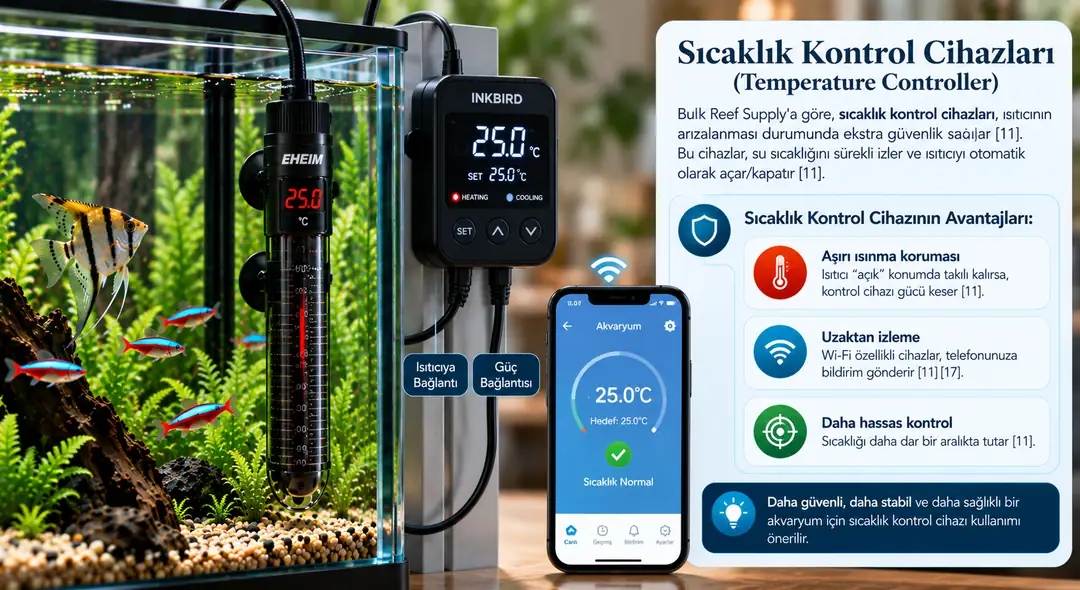 Akvaryum sıcaklık kontrol cihazının ısıtıcıyla birlikte kullanımı; aşırı ısınma koruması, hassas sıcaklık kontrolü ve Wi-Fi üzerinden uzaktan izleme özelliklerini gösteren görsel.