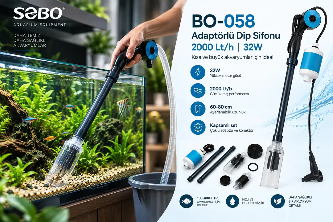 Sobo BO-058 Adaptörlü Dip Sifonu, 32W motor gücü, 2000 L/saat debisi ve 60–80 cm ayarlanabilir gövdesiyle özellikle büyük akvaryumlarda tabanda biriken atıkların hızlı ve pratik şekilde temizlenmesine yardımcı olur.