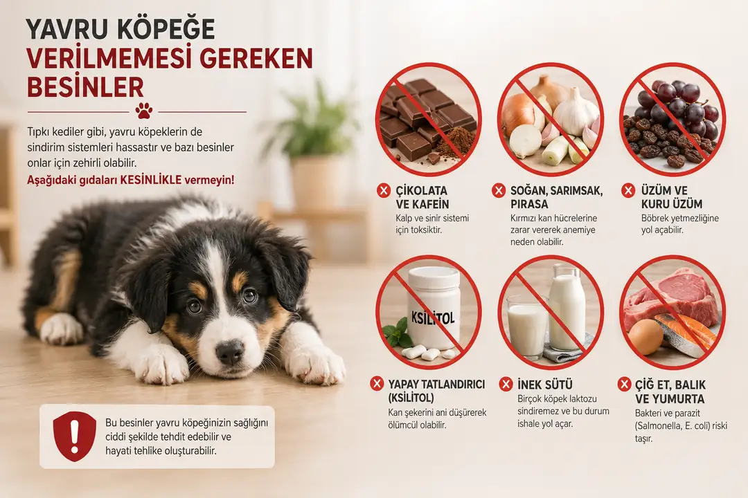 Çikolata, soğan ve sarımsak, üzüm, ksilitol, inek sütü ve çiğ hayvansal gıdalar yavru köpekler için risk oluşturabileceğinden beslenme programından uzak tutulmalıdır.