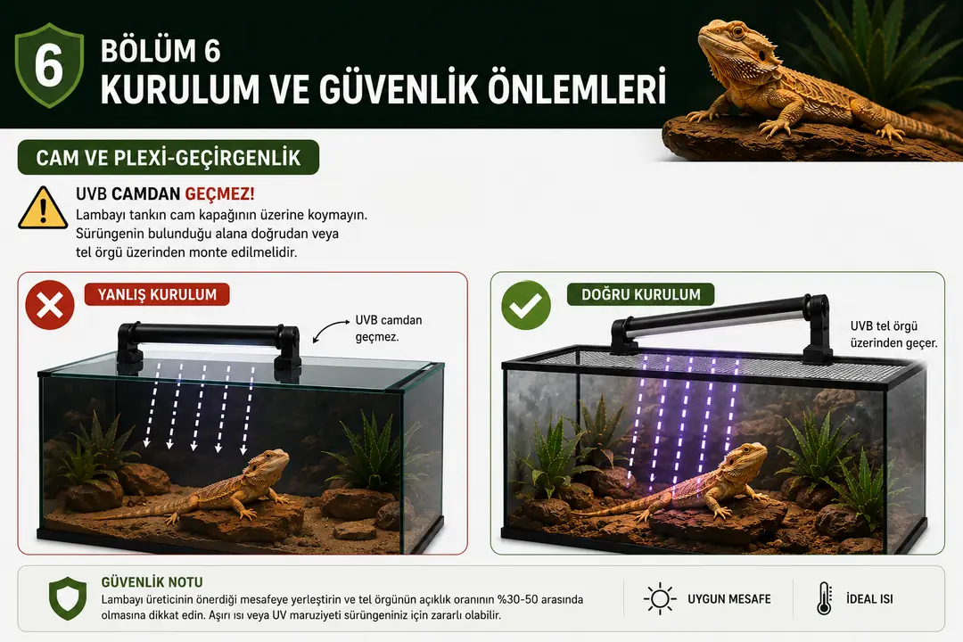 UVB ışınları cam ve pleksi gibi yüzeylerden etkili şekilde geçemediği için UVB lambasının cam kapağın üzerine yerleştirilmesi sürüngenin yeterli UVB almasını engelleyebilir. Lamba, üretici talimatlarına uygun biçimde doğrudan teraryum içine veya uygun bir mesh/tel örgü üzerinden konumlandırılmalıdır. Mesh kullanıldığında UVB seviyesinin azalabileceği unutulmamalı; doğru mesafe korunmalı ve mümkünse UV metre ile UVI değeri kontrol edilmelidir.