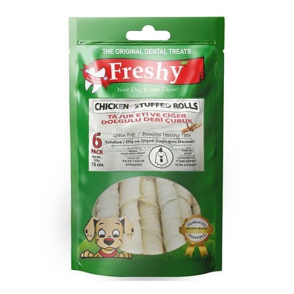 Freshy Dental Chews Jumbo Tavuk Eti Ve Ciğer Dolgulu Deri Çubuk Köpek Ödülü 120gr