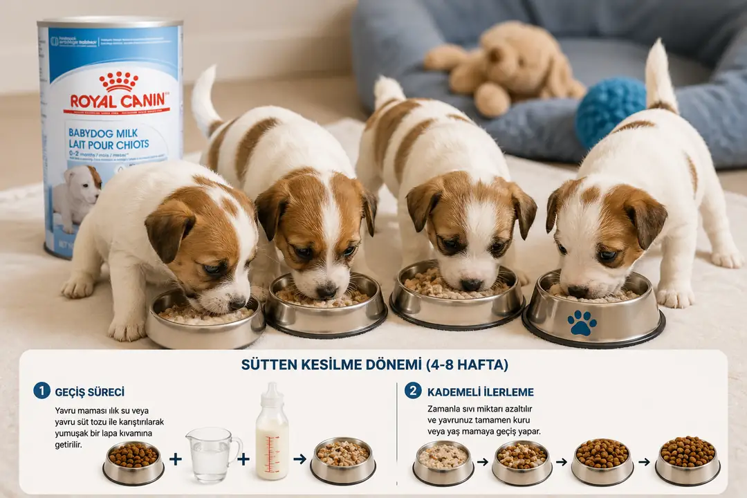 Sütten kesilme döneminde yavru köpekler, yumuşatılmış mamadan başlayarak kademeli şekilde katı mamaya geçiş yapar.