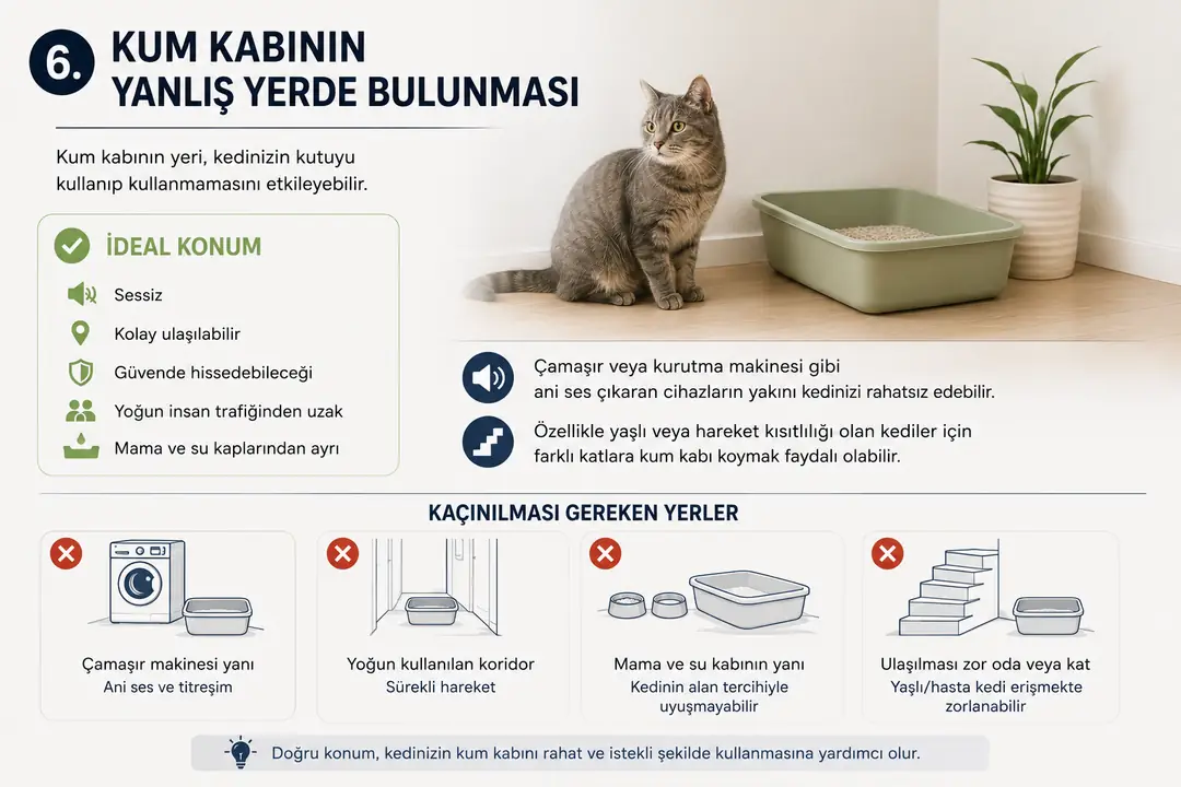 Kum kabının doğru konumlandırılması, kedinizin tuvaletini rahat ve düzenli kullanmasına yardımcı olur. Sessiz, kolay ulaşılabilir ve yoğun insan trafiğinden uzak alanlar tercih edilmeli; kum kabı mama ve su kaplarından ayrı tutulmalıdır. Ani ses ve titreşim oluşturan cihazların yakını gibi kediyi rahatsız edebilecek bölgelerden kaçınılmalıdır.