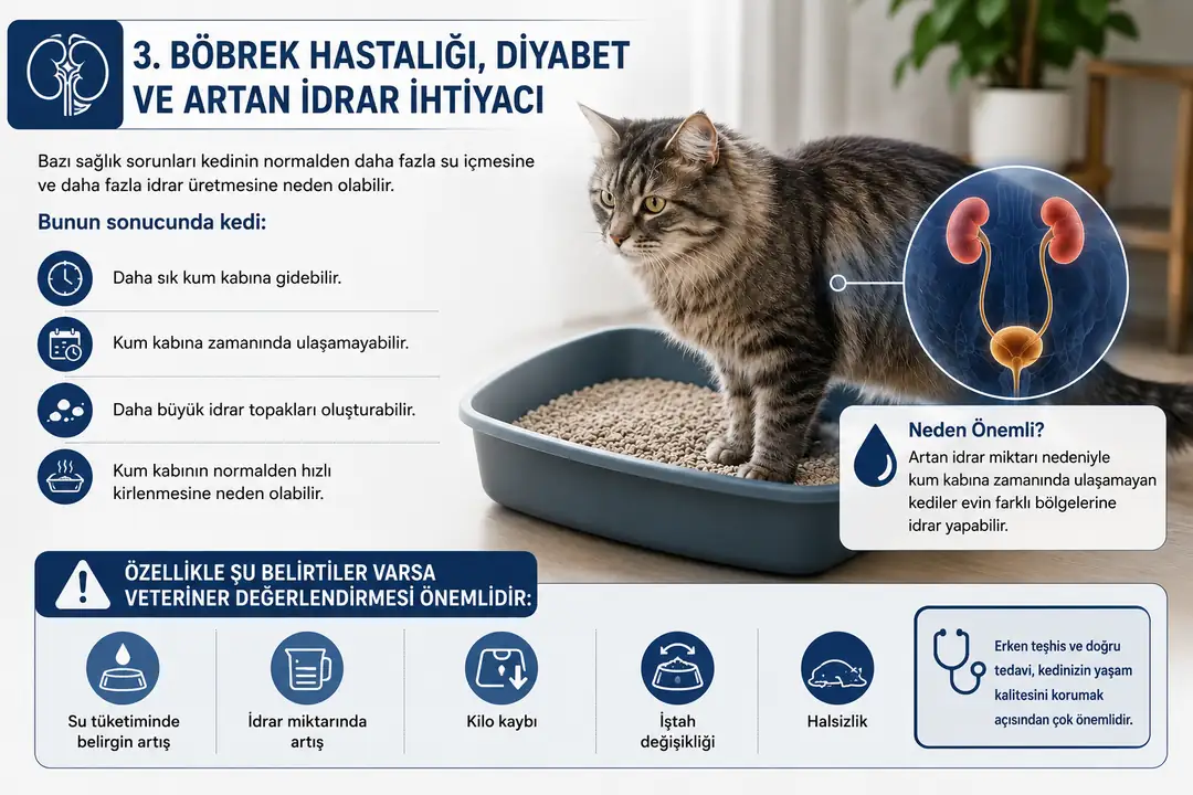 Böbrek hastalıkları ve diyabet gibi bazı sağlık sorunları, kedilerin normalden daha fazla su içmesine ve daha sık idrar yapmasına neden olabilir. Su tüketiminde ve idrar miktarında belirgin artış, büyük idrar topakları, kilo kaybı, iştah değişikliği veya halsizlik fark edildiğinde veteriner hekime danışılmalıdır. Bu tür değişikliklerin erken fark edilmesi, altta yatan sağlık sorununun zamanında değerlendirilmesi açısından önemlidir