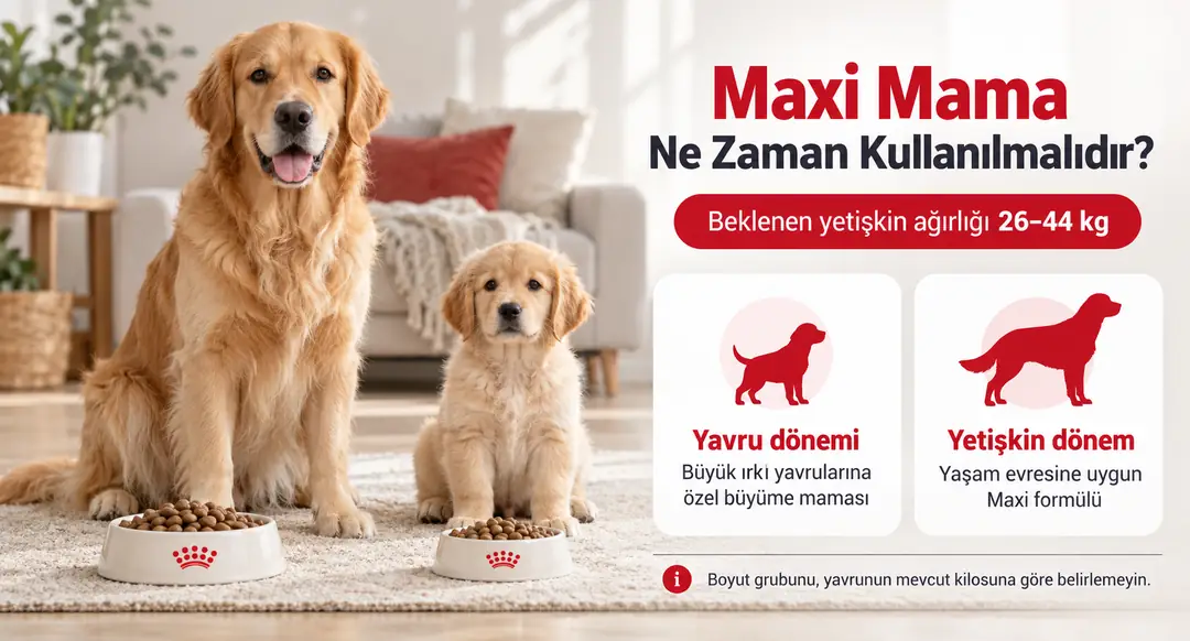 Maxi mama, yetişkinlik döneminde 26-44 kg'a ulaşacak köpekler için uygundur.
