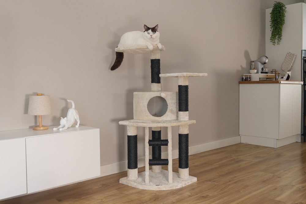 Beeztees Kedi Tırmalama ve Oyun Evi, Krem, 50x50x123cm