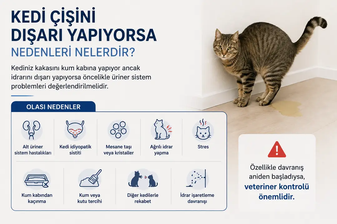 Kediniz kakasını kum kabına yaptığı halde idrarını dışarı yapıyorsa, üriner sistem sorunları, stres, kum veya kutu tercihi ve diğer kedilerle yaşanan rekabet gibi farklı nedenler söz konusu olabilir. Özellikle bu davranış aniden başladıysa, olası sağlık problemlerinin değerlendirilmesi için veteriner hekime başvurulması önemlidir.