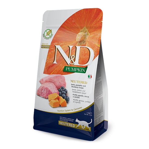 ND Tahılsız Bal Kabaklı Kuzu Etli ve Yaban Mersinli Kısırlaştırılmış Yetişkin Kedi Maması 1,5 Kg