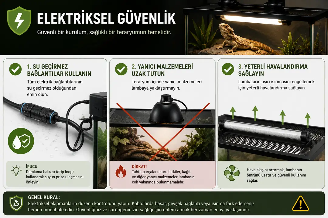 Teraryumlarda elektriksel güvenlik için bağlantılar sudan ve nemden korunmalı, lamba çevresinde yanıcı malzemeler bulundurulmamalı ve aşırı ısınmayı önleyecek yeterli havalandırma sağlanmalıdır. Kablolar, prizler ve armatürler düzenli olarak kontrol edilmeli; hasar veya aşırı ısınma fark edildiğinde ekipman kullanılmamalıdır.