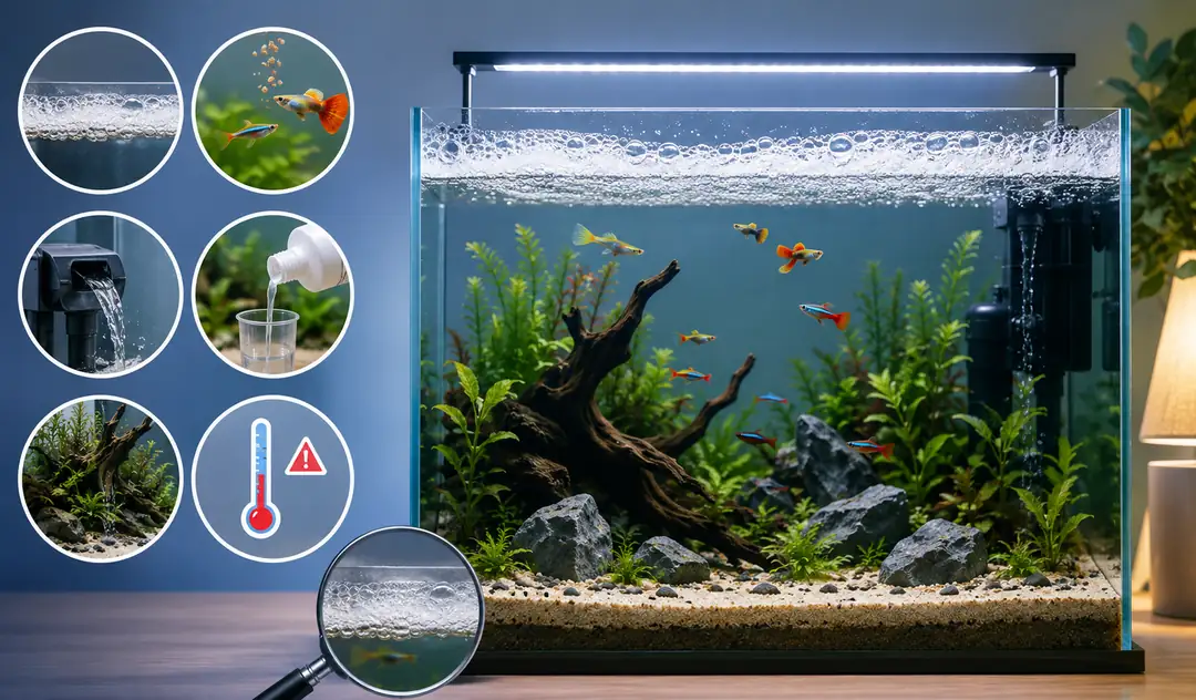 LED aydınlatmalı bitkili tatlı su akvaryumunda su yüzeyinde oluşan köpük tabakası. Lepistes ve uyumlu tropikal balıkların bulunduğu doğal dekorlu ev akvaryumunda akvaryum suyu köpürmesi sorununu gösteren örnek kurulum.