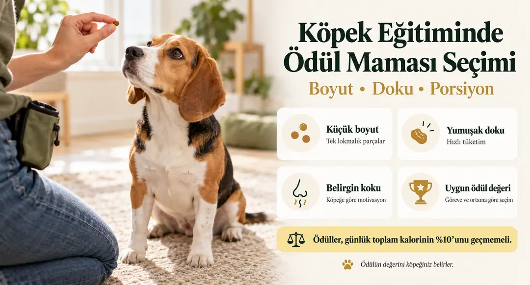 &nbsp; Eğitim ödül mamaları dört temel ilkeye göre seçilmelidir: Boyut küçük olmalı (bezelye tanesi kadar) ve köpeğinizin tek lokmada yutabileceği büyüklükte olmalıdır&nbsp;&nbsp;
