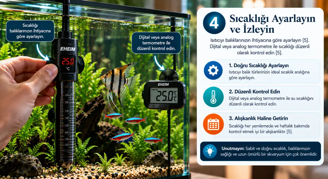 Akvaryum ısıtıcısının balık türüne uygun sıcaklığa ayarlanması ve dijital termometre ile su sıcaklığının düzenli olarak kontrol edilmesini gösteren görsel.