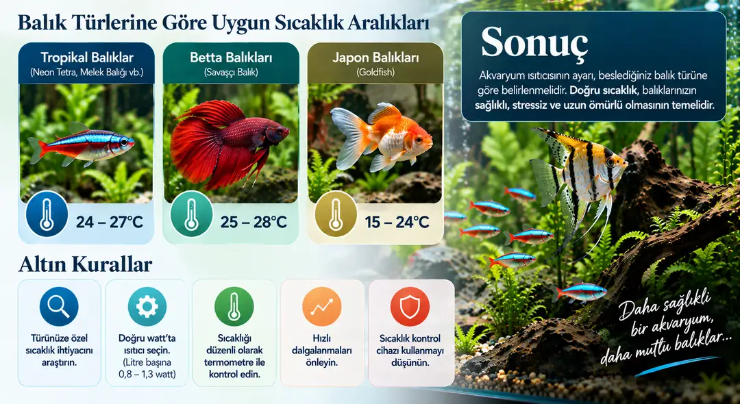 Tropikal balıklar, Betta ve Japon balıkları için ideal akvaryum sıcaklık aralıklarını ve doğru ısıtıcı kullanımının temel kurallarını gösteren görsel.