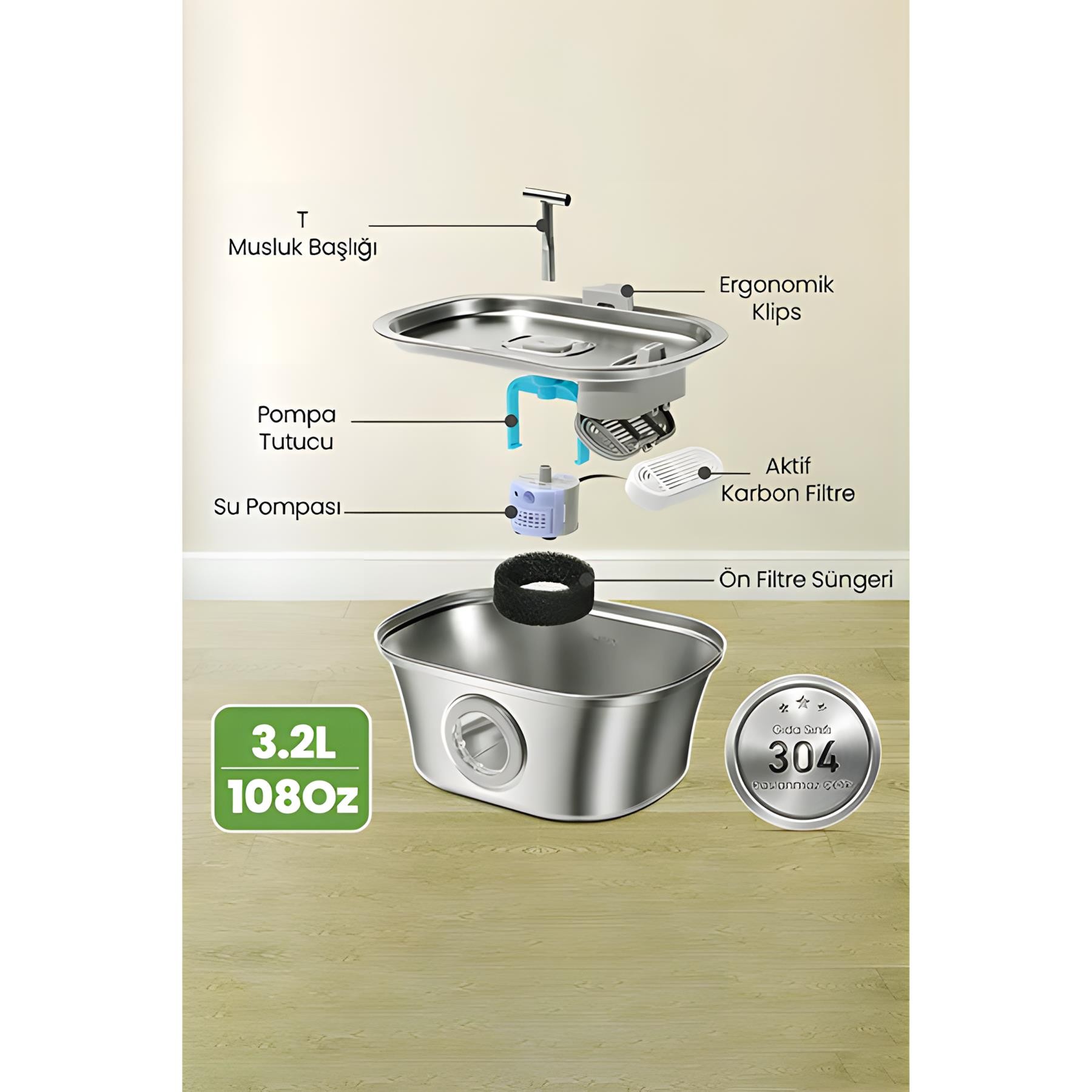 Electron Kedi Köpek Otomatik Çiftli Su Pınarı 3,2Lt Yedek Filtre 3lü Paket