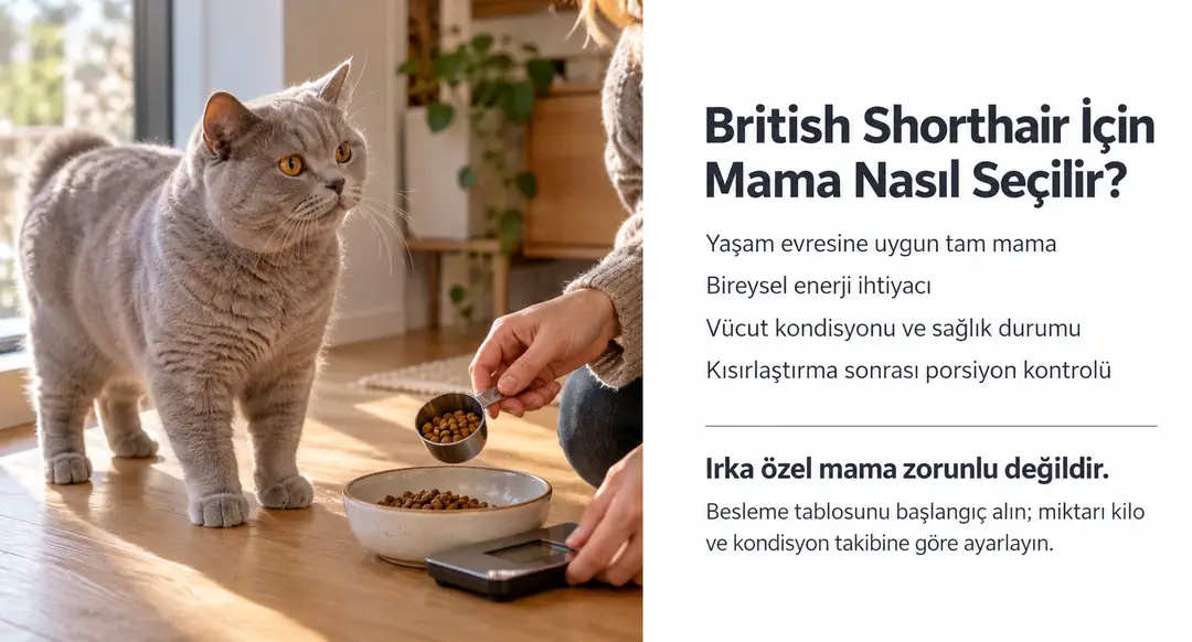 British Shorthair için mama seçerken öncelik; yaşam evresine uygun tam mama, bireysel enerji ihtiyacı, vücut kondisyonu ve sağlık durumudur.