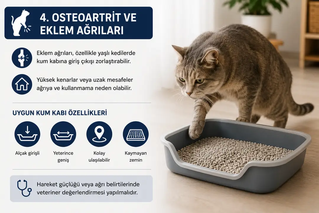 Osteoartrit ve eklem ağrıları, özellikle yaşlı kedilerin kum kabına girip çıkmasını zorlaştırabilir. Alçak girişli, geniş, kolay ulaşılabilir ve kaymayan zemine yerleştirilen kum kapları kedinin tuvalet kullanımını kolaylaştırabilir. Hareket güçlüğü veya ağrı belirtileri fark edildiğinde veteriner hekime danışılmalıdır.