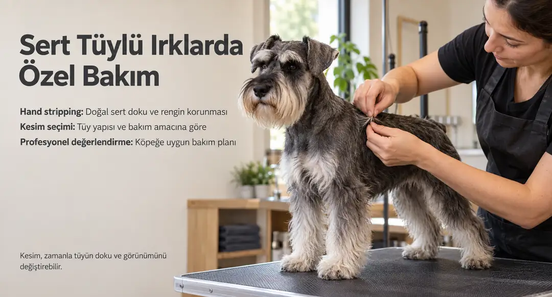 &nbsp; Sert tüylü ırklar (Terrier'lar, Schnauzer gibi) kaba bir tüy dokusuna sahiptir ve geleneksel olarak hand stripping (elle tüy yolma) yöntemiyle bakılır.&nbsp; &nbsp;