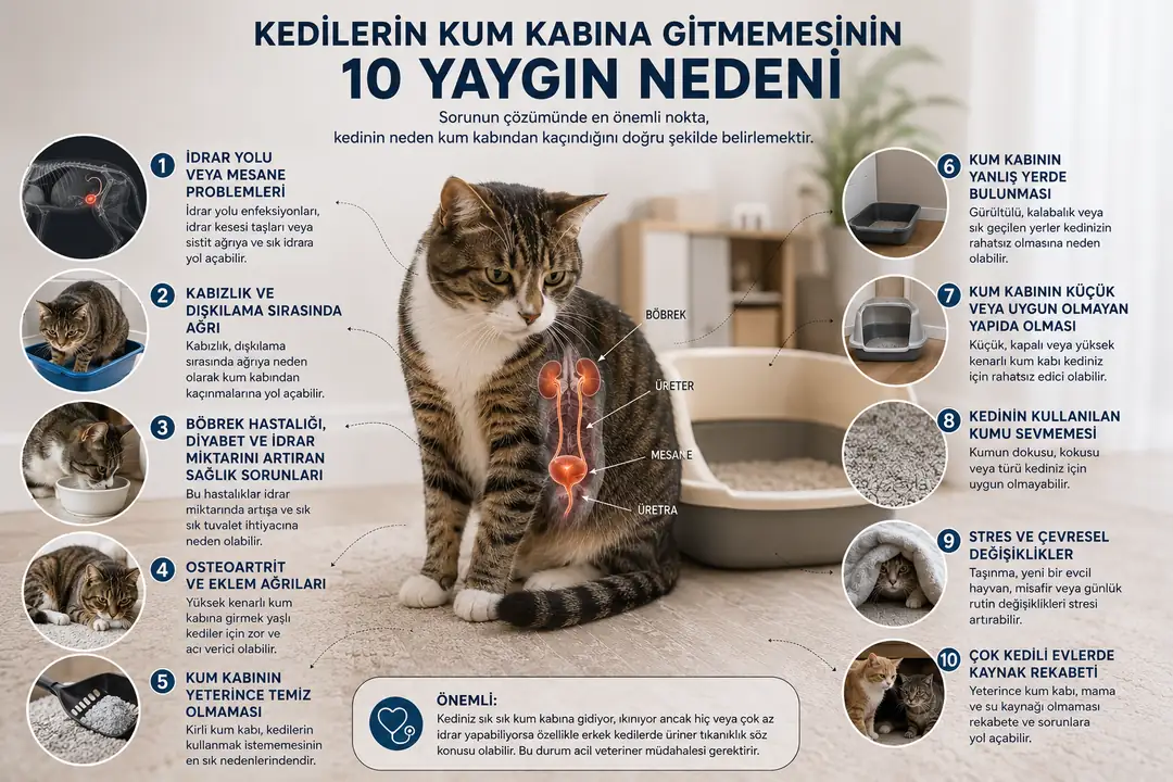 Kedilerin kum kabını kullanmamasının arkasında idrar yolu ve mesane problemlerinden kabızlık ve eklem ağrılarına; kirli veya uygun olmayan kum kabından yanlış kum seçimi, stres ve çok kedili evlerdeki kaynak rekabetine kadar farklı nedenler bulunabilir. Sorunun doğru belirlenmesi, kedinizin yeniden sağlıklı tuvalet alışkanlığı kazanması için atılacak en önemli adımdır.