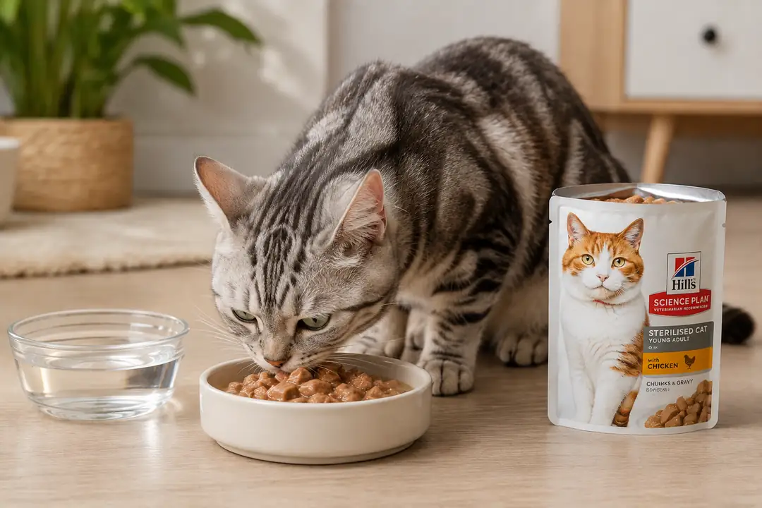 Her gün yaş mama tüketebilen yetişkin kedi, günlük beslenme rutininde porsiyonlanmış yaş mamasını yerken yanında taze içme suyu ve yaş mama paketi bulunuyor.