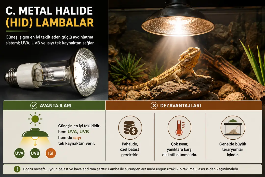 Metal halide (HID) lambalar, sürüngen teraryumlarında UVA, UVB ve ısıyı güçlü bir kaynaktan sağlayabilen aydınlatma seçenekleridir. Yüksek ışık ve ısı çıkışları nedeniyle özellikle geniş teraryumlarda tercih edilebilir. Güvenli kullanım için lambanın sürüngene olan mesafesi, teraryum sıcaklığı, havalandırma ve üreticinin kullanım önerileri dikkate alınmalıdır.