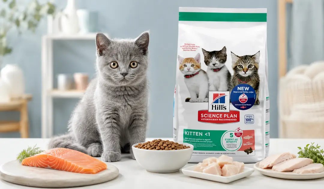 Yavru kediye ne sıklıkla ve ne kadar mama verilmesi gerektiğini anlatan beslenme rehberi; gri yavru kedi, Hill’s Science Plan Kitten mama, ölçülü kuru mama porsiyonu ve kaliteli hayvansal protein kaynakları.