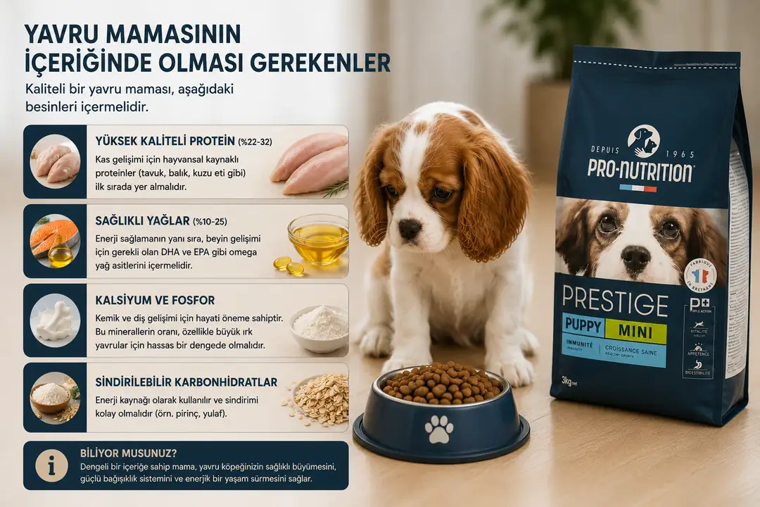 Kaliteli bir yavru köpek maması; sağlıklı büyüme ve gelişimi desteklemek için yeterli protein, sağlıklı yağlar, dengeli kalsiyum-fosfor ve sindirilebilir karbonhidratlar içermelidir.