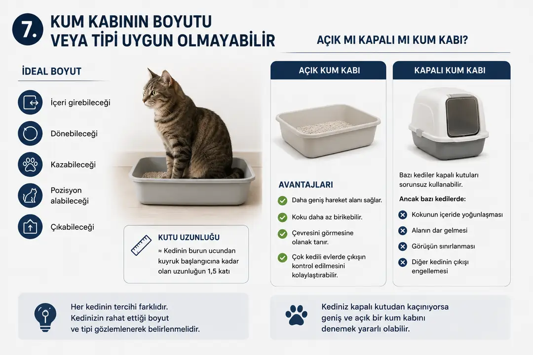 Kum kabının boyutu ve tipi, kedinizin tuvalet konforunu doğrudan etkileyebilir. Kedinin rahatça girip dönebileceği, kazabileceği ve çıkabileceği genişlikte bir kutu tercih edilmelidir. Açık veya kapalı kum kabı seçiminde ise kedinizin davranışları ve bireysel tercihleri göz önünde bulundurulmalıdır.