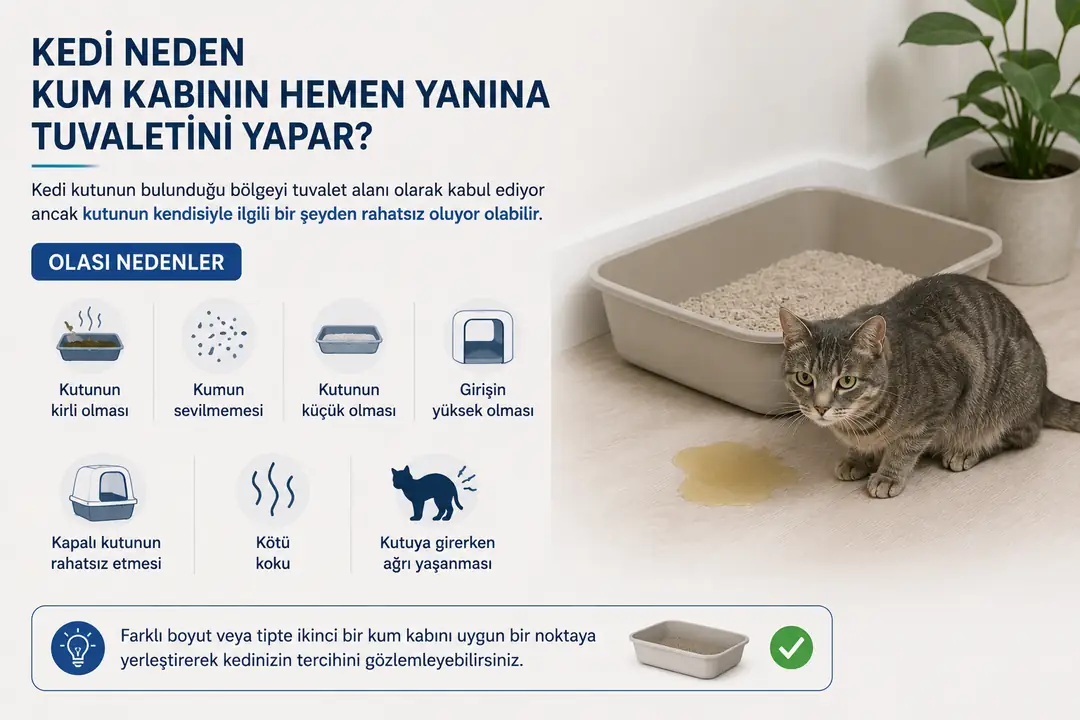 Kediniz kum kabının hemen yanına tuvaletini yapıyorsa, alanı tuvalet bölgesi olarak kabul ettiği halde kum kabının kendisinden rahatsız oluyor olabilir. Kirli veya küçük bir kutu, sevilmeyen kum, yüksek giriş, kötü koku ya da kutuya girerken yaşanan ağrı bu davranışa yol açabilir. Farklı boyut veya tipte ikinci bir kum kabı deneyerek kedinizin tercihini gözlemleyebilirsiniz.
