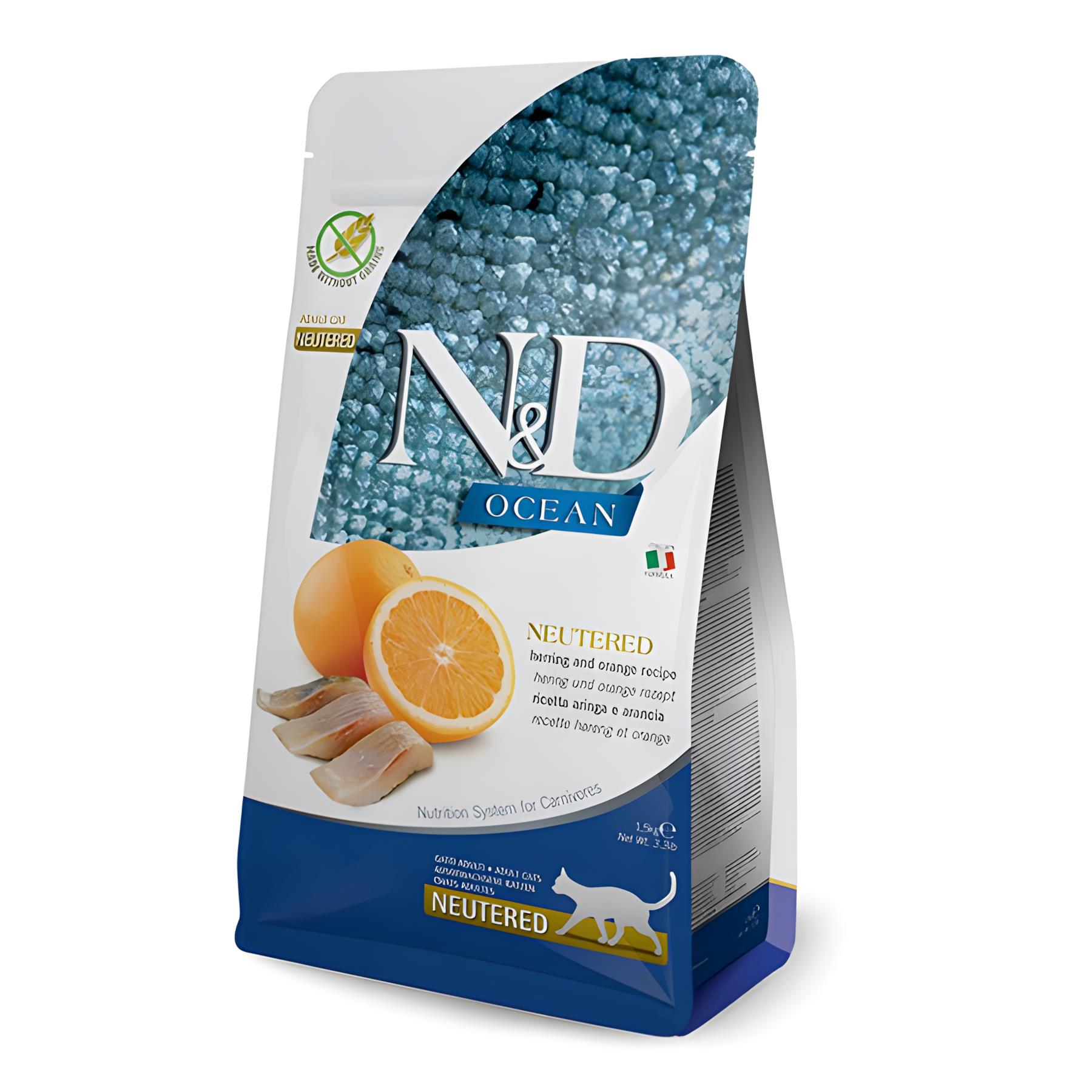 ND Ocean Ringa Balığı ve Portakallı Tahılsız Kısırlaştırılmış Kedi Maması 1,5 Kg